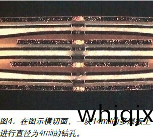 圖(tu)4:在(zai)圖(tu)示(shi)橫切麵(mian),一(yi)塊14mil的多(duo)層(ceng)闆(ban)上(shang)進(jin)行直(zhi)逕(jing)爲4ral的結(jie)孔